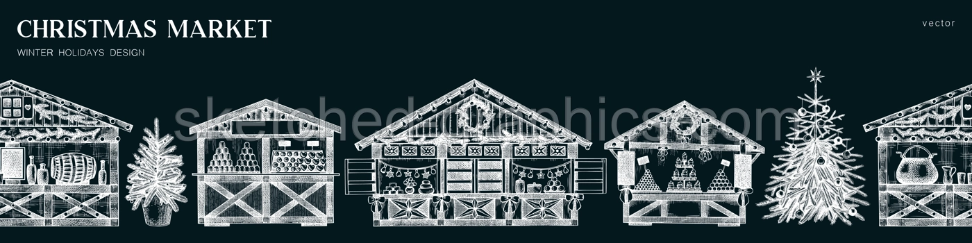 Christmas market background. Hand drawn vector illustration on chalkboard.  Holiday marketplace border design. Vintage seamless pattern. Christmas tree, wooden stall, candy shop, mulled wine sketches  Illustration